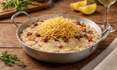 Camarão nacional com bacon e arroz cremoso, finalizado com batata palha - Juscelino - Divulgação