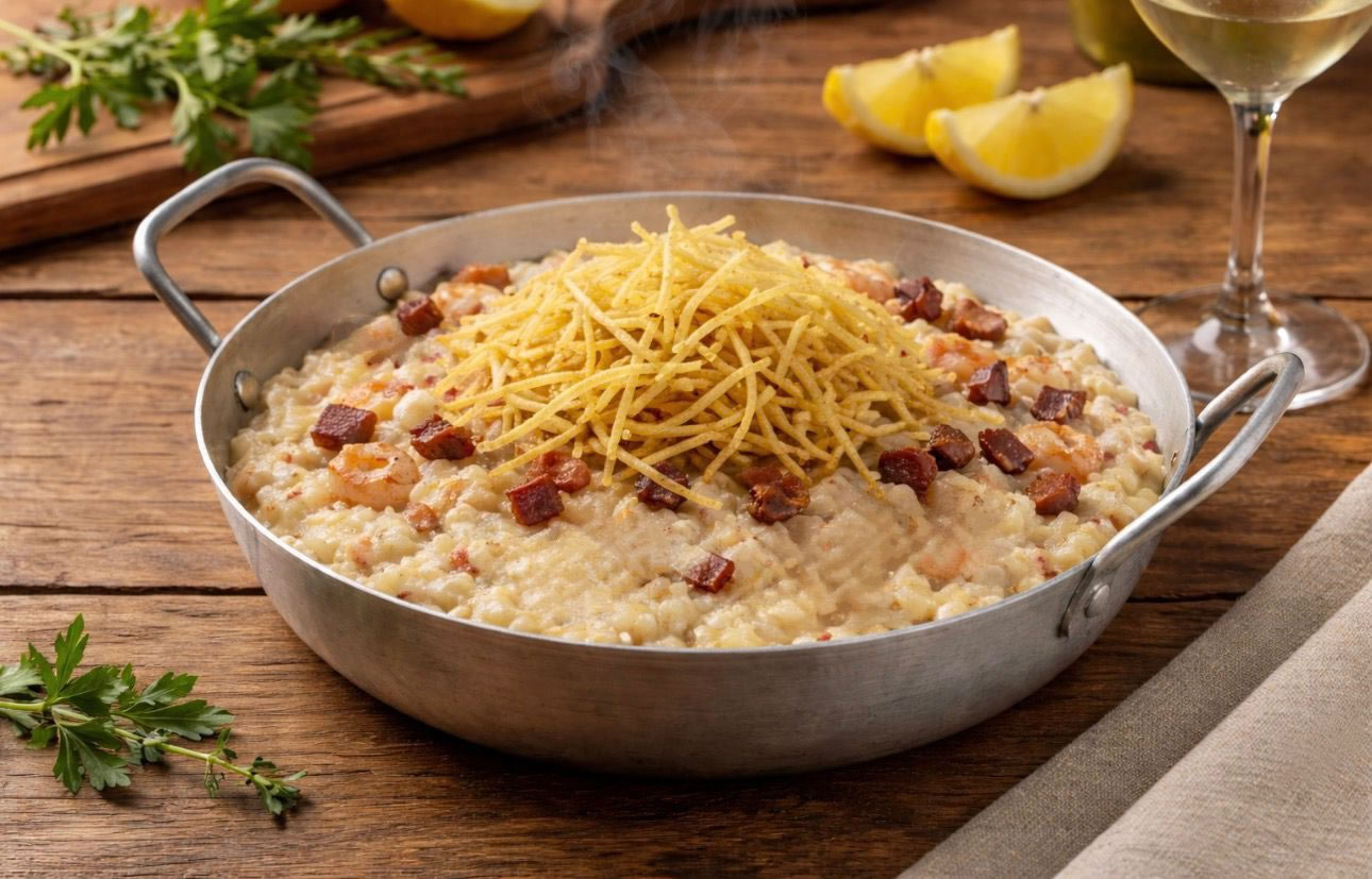 Camarão nacional com bacon e arroz cremoso, finalizado com batata palha - Juscelino - Divulgação